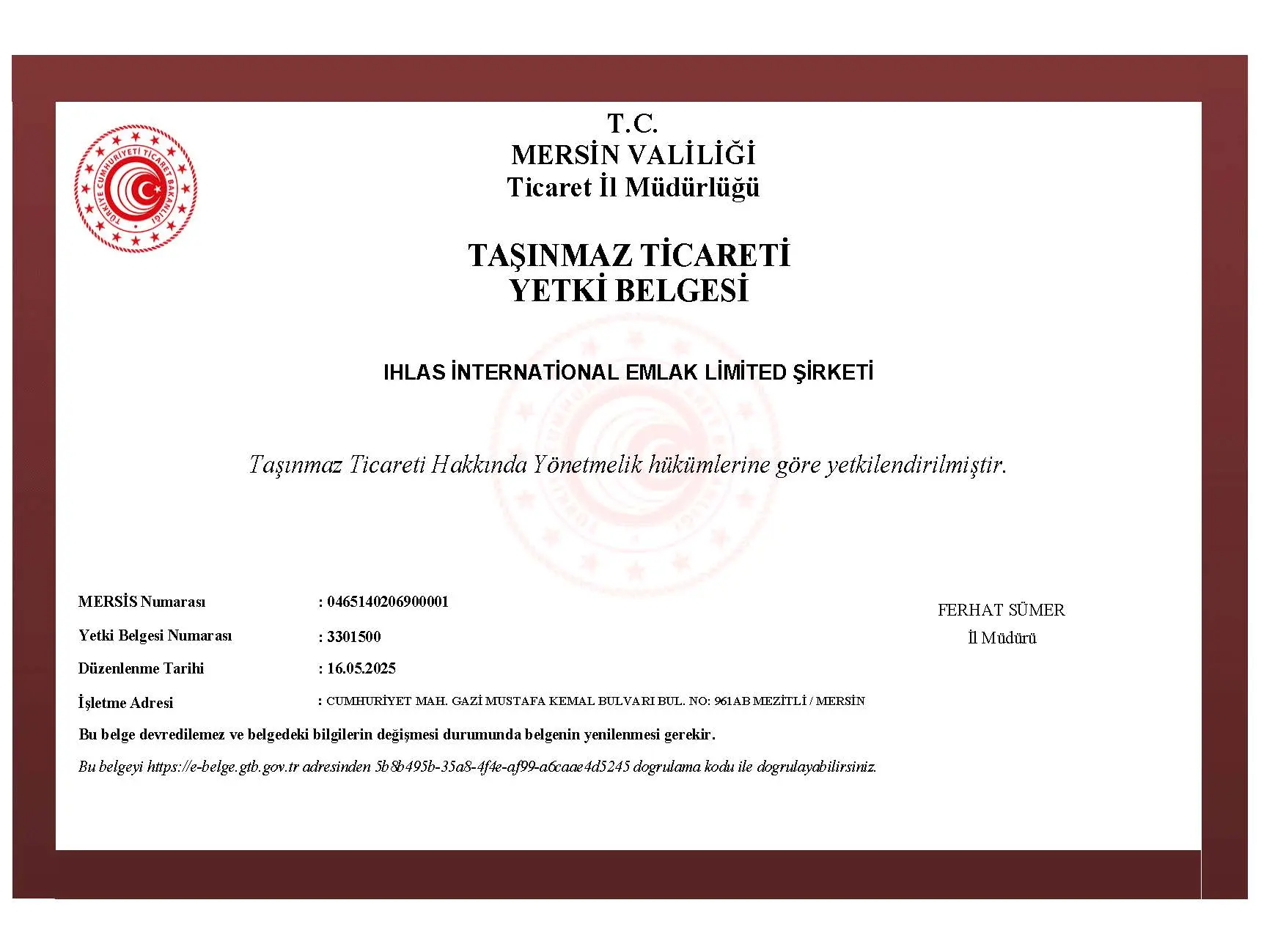 Taşınmaz Ticareti Yetki Belgesi